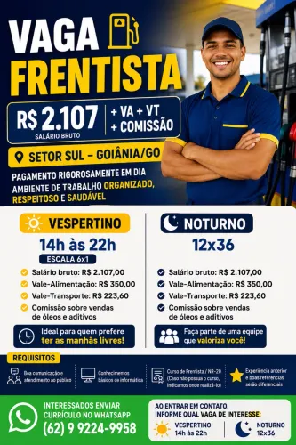 FRENTISTA - R$ 2.107 + VA + VT + COMISSÃO - SETOR SUL