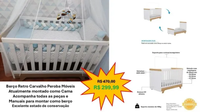 Berço Retro Carvalho Peroba Móveis 