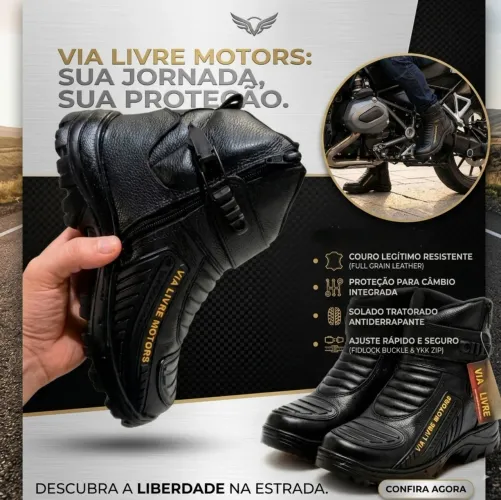 Bota Motociclista Via Livre Motors Couro Legítimo Proteção De Marcha E Fechamento Em Zíper