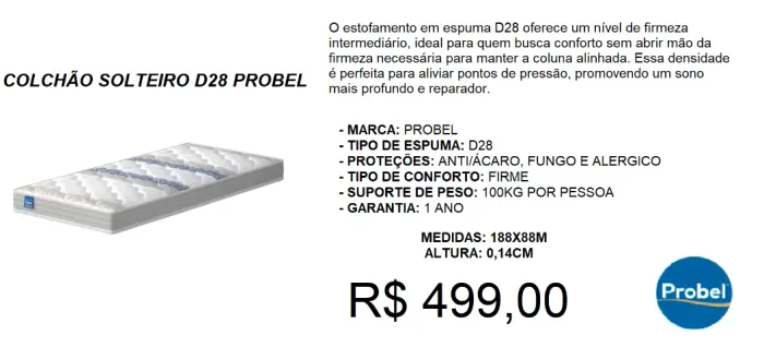 Colchão Solteiro D28 Probel - PRONTA ENTREGA - entrega GRATIS