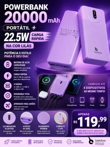 Carregador PowerBank 20000mah Portátil 22.5w Carga Rápida Beldow