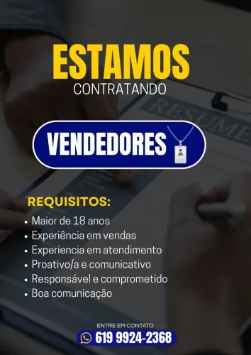 Oportunidade para vendedores, com ou sem experiência. 