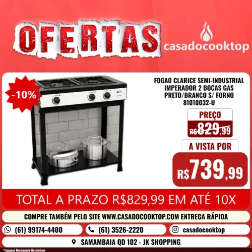 FOGAO CLARICE SEMI-INDUSTRIAL IMPERADOR 2 BOCAS GAS PRETO/BRANCO S/ FORNO *-U
