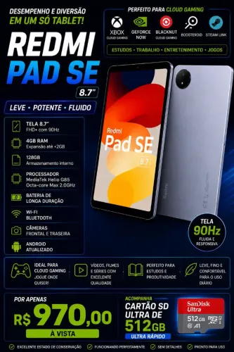 Tablet Redmi TAB SE 4/128GB + Cartão SD ultra de 512GB
