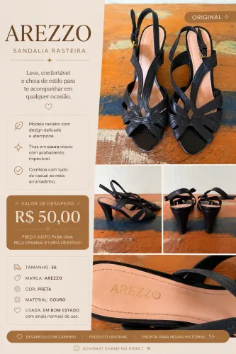 Sandália Arezzo Preta em Couro - Tam. 36 - R$ 50