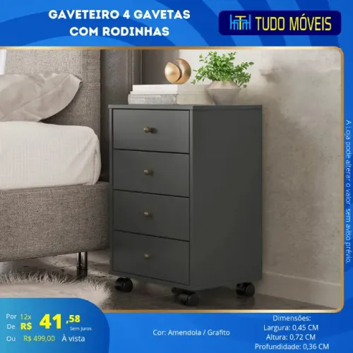Gaveteiro c/rodinhas e 4 gavetas