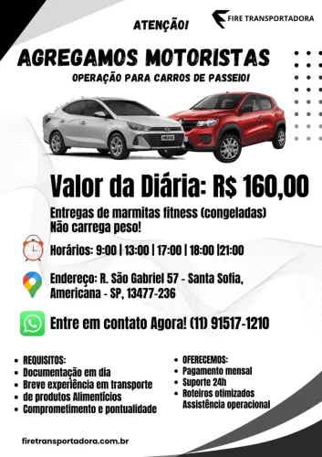 Motorista Agregado com carro de passeio - Americanas/SP - Diária R$ 160