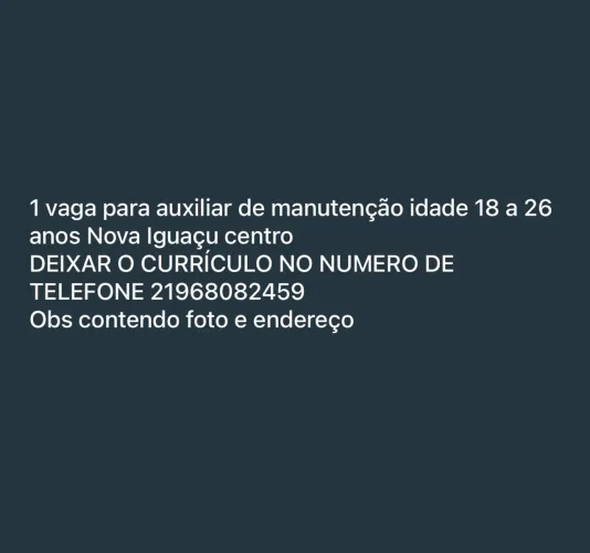 1 vaga para auxiliar de manutenção regime clt Nova Iguaçu centro