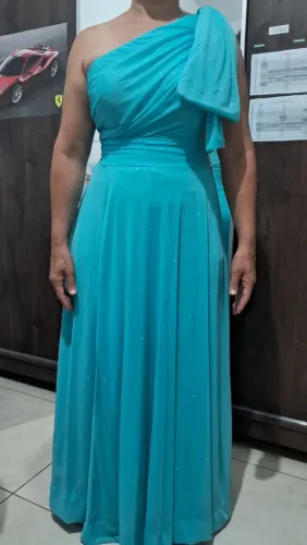 VESTIDO PARA FESTA CIANO COM GLITTER 