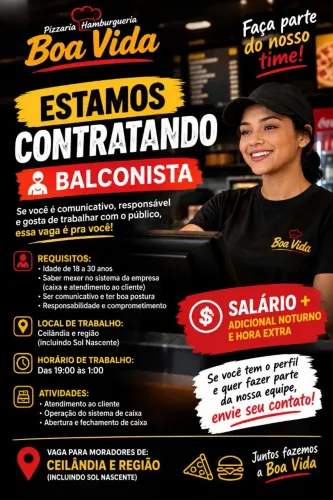 2 Vagas, 1 para Balconista e 1 de Pizzaiolo(a)