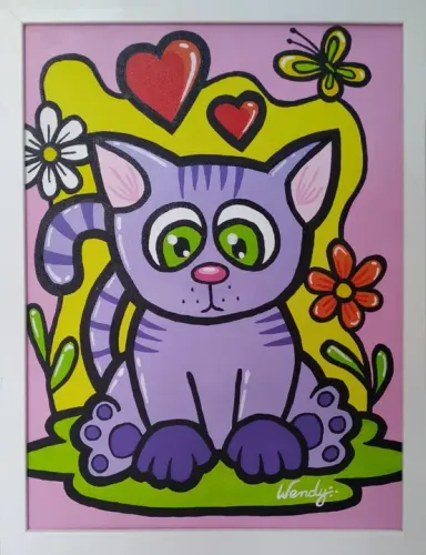 Quadro Gatinho - Pintura tinta acrílica com moldura branca