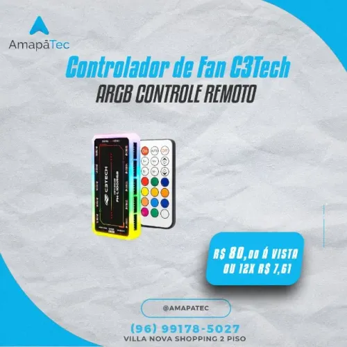 Controlador de Fan C3Tech, Conector ARGB, Conexão de 10 Coolers, 2 fitas Leds, Controle Re