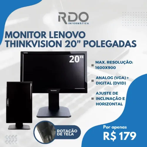 Monitor Lenovo ThinkVision 20'' 1600x900 VGA/DVI com Pivot - Excelente resolução! 