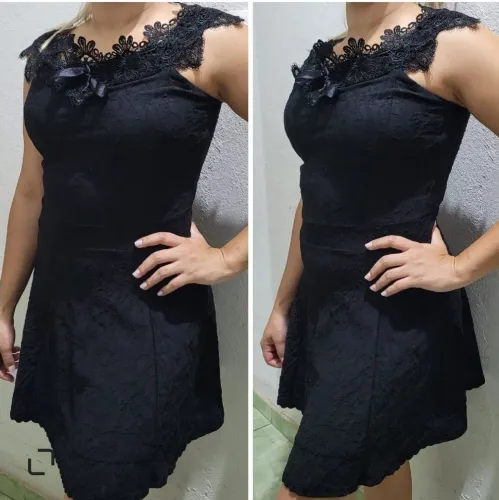 vestido preto ombro a ombro evasê rodado estilo princesa com detalhes em renda