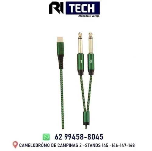 Cabo Auxiliar Áudio Tipo USB C X P10 Duplo L R Stéreo 1M 6.35MM Som Amplificador