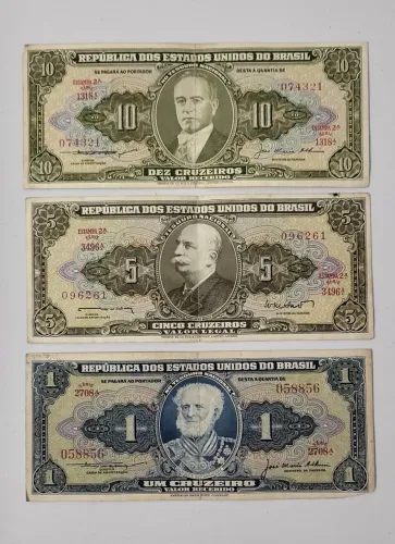 Três notas antigas do Brasil - 10, 5 e 1 cruzeiro