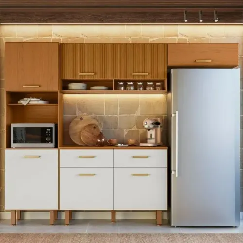 Armário Para Cozinha Maia Modulada C/Detalhe Ripado Em 3D Na Madeira - Para Pronta Entreg