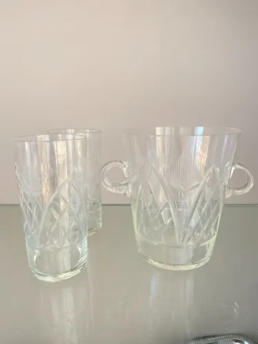 Conjunto balde gelo em vidro com lapidações + 2 copos
