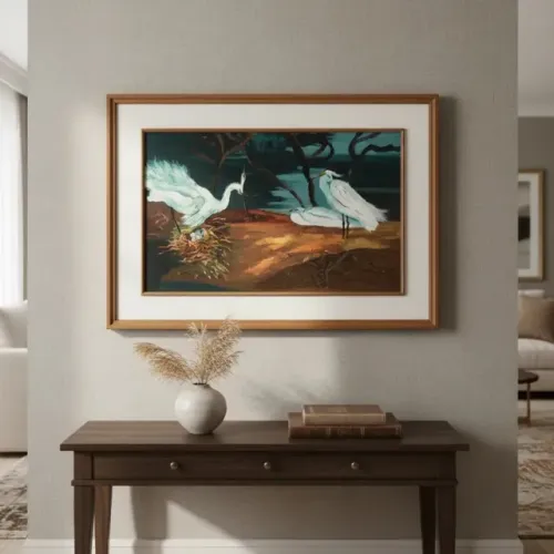 Quadro Óleo Sobre Tela 'Flamingos Na Lagoa' - Ass Pela Artista