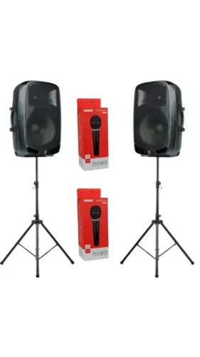 Kit Staner - 2 Caixa Ativa Staner Ps-1501 + 2 Microfone Dinâmico Karaokê TOMATE