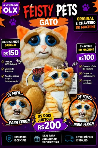 ? Feisty Pets Gato Original + Chaveiro BR Machine - Imperdível!