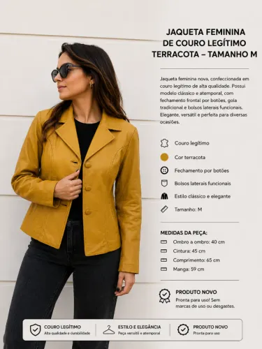 JAQUETA FEMININA DE COURO LEGÍTIMO AMARELA MOSTARDA - CLÁSSICA E ELEGANTE