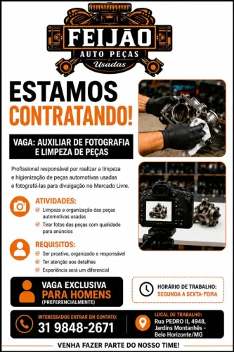 VAGA PARA LIMPEZA DE PEÇAS AUTOMOTIVAS E LOJA