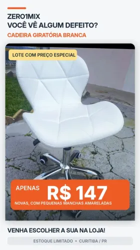 Oferta: Cadeira Slim Giratória Branca Nova por R$ 147, com Pequenas Manchas Amareladas