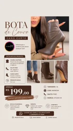 Bota 36 couro marrom cano curto salto fino alto studio M