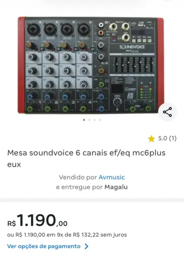 Mesa de som 6 canais Bluetooth