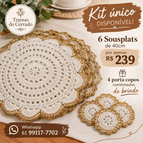 Kit Sousplat de Crochê Luxo 6 unidades de 40cm