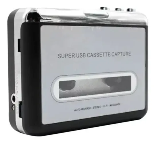 Toca-fitas cassete portátil USB conversor p/ MP3 (c/ fone de ouvido + cabo USB×USB-C)
