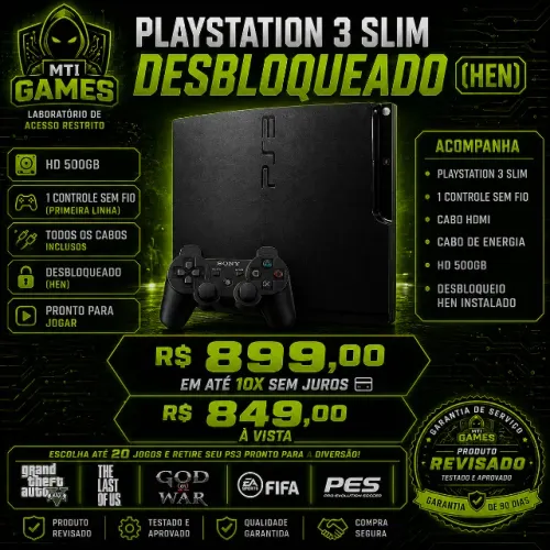 PS3 Slim 500GB DESBLOQUEADO em 10x sem juros