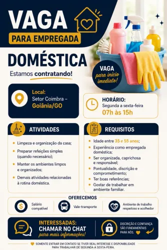 Vaga para Empregada Doméstica - Segunda a Sexta | Setor Coimbra - Goiânia