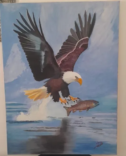 Pintura de uma aguia ,caçando um peixe