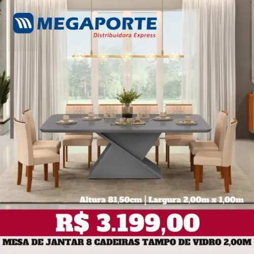 Mesa de Jantar 8 Cadeiras Tampo de Vidro 2,00m (Novo) Entrega Grátis!