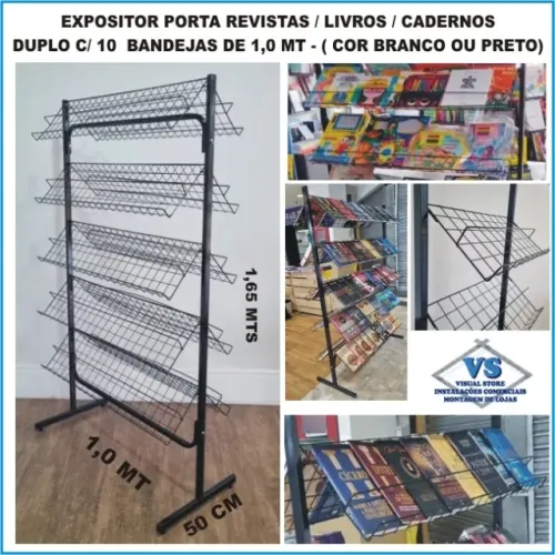 Expositor Revistas Livros Duplo c/ 10 Bandejas Aramadas 1,0 mt X 1,65 Alt Branco ou Preto