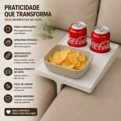 Bandeja de Sofá Apoio Meio para Bebidas Petiscos Controle