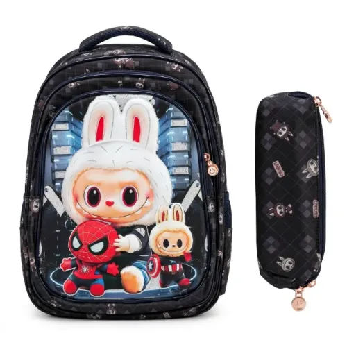 Linda Mochila Infantil Coelhinho Preto (Mochila + Estojo)