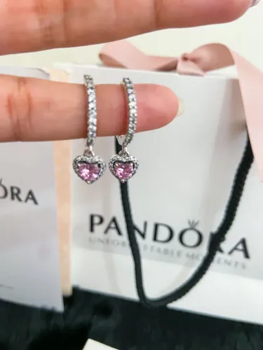 Brinco Pandora coração rosa argolinha brilhante