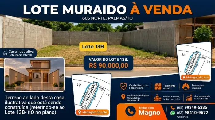 Lote Murado 184,76m² - 605 Norte - Pronto para Construir - Direito com o Proprietário