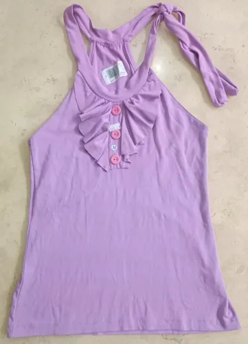 Blusa de viscose feminina com babados amarração no pescoço lilás tam M