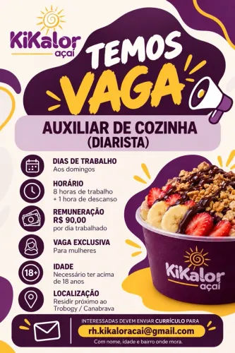 Diarista auxiliar de cozinha. 90,00