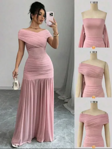 Vestido Longo Elegante Com Ombros Caído e Pregas em Cor Sólida para Mulheres