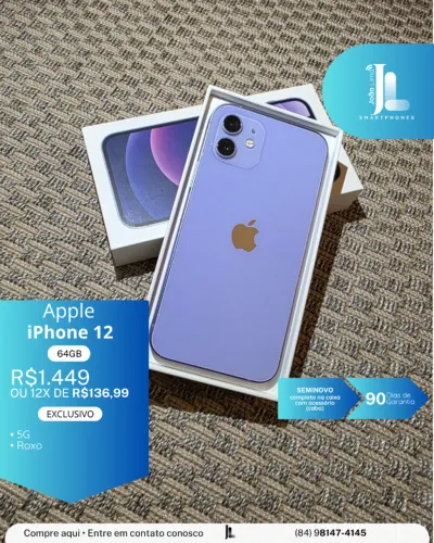 IPHONE 12, 64GB, 5G, ROXO, SEMINOVO, EXCLUSIVO!