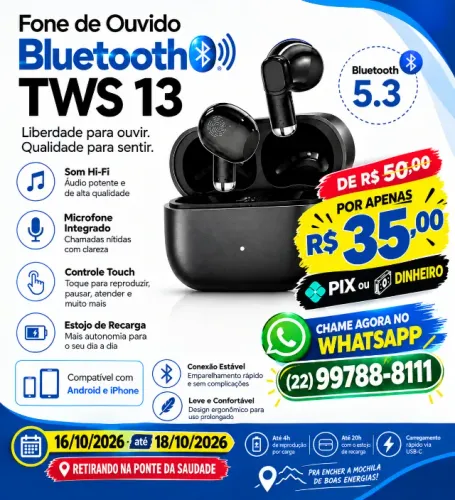Fone TWS13 sem fio bluetooth ( produto novo ) NÃO RESERVO ( Contato apenas Whatsapp )