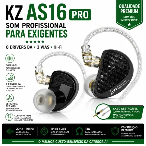 Fone KZ AS16 PRO Fone In Ear Hi-Fi Profissional 8 Drivers BA