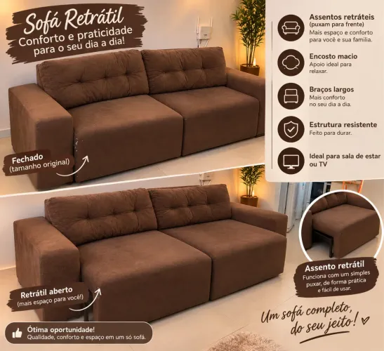 Sofá 3 lugares retrátil perfeito 