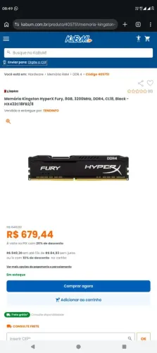 ? Memória RAM 8GB DDR4 3200MHz (Alta Performance)