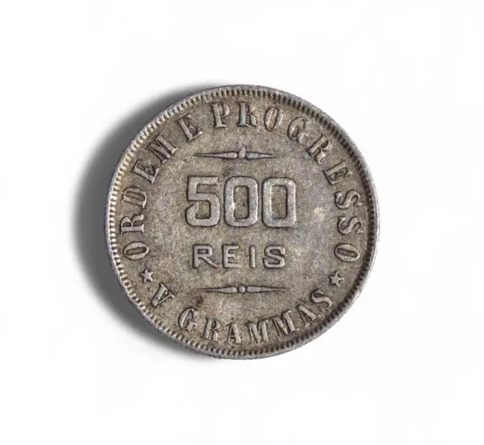 Moeda de 500 Réis Brasileiros - SOB com erro. 90% Prata. Ano 1906. Veja descrição